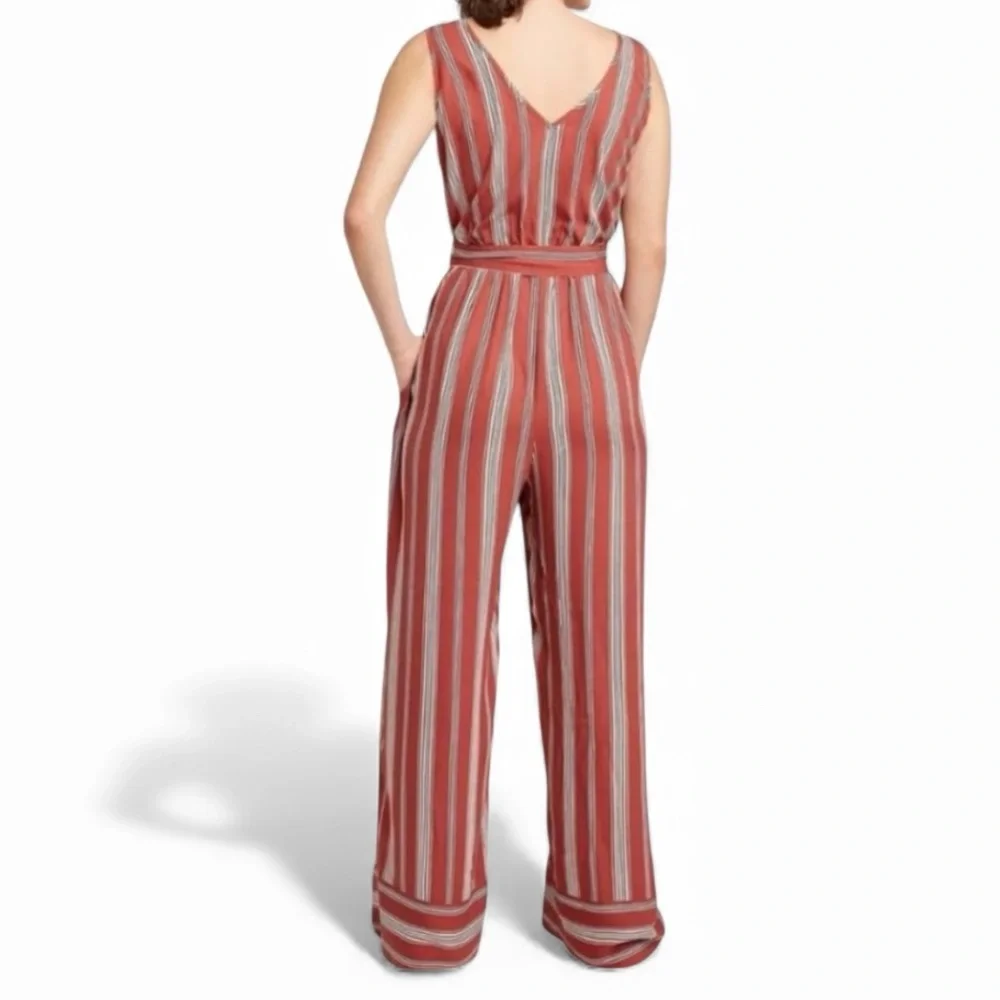 Xhilaration Terracotta Striped Sleeveless V neck button up wide leg jumpsuit‎ L